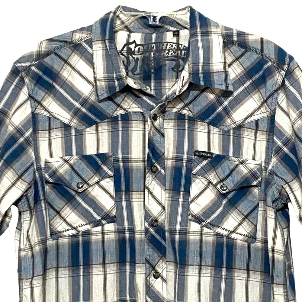 Southern‎ Thread Pearl Snap Shirt L Blue Country Western Rockabilly Rodeo Cowboy